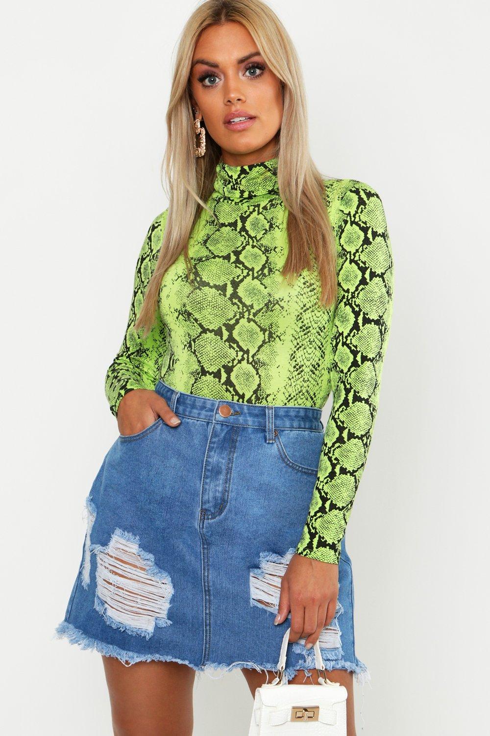Neon green distressed denim skirt hotsell